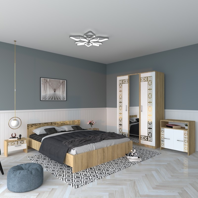 Dormitor Eva Sonoma Cu Oglinda + Comoda Tv