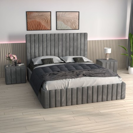 Pat Tapitat Luca Gri + Saltea Lux Ortopedica + Noptiere Tapitate