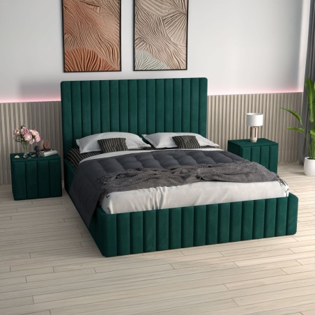 Pat Tapitat Luca Verde + Saltea Lux Ortopedica + Noptiere Tapitate