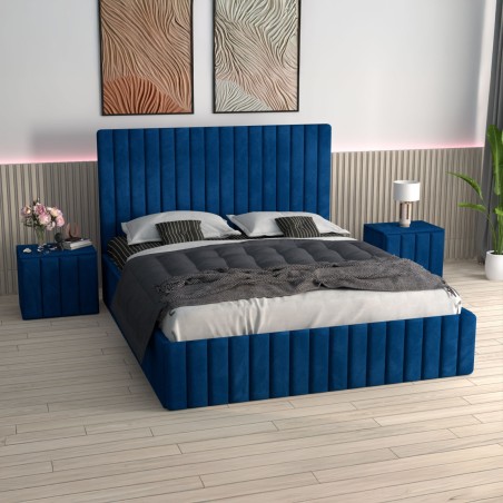 Pat Tapitat Luca Albastru + Saltea Lux Ortopedica + Noptiere Tapitate