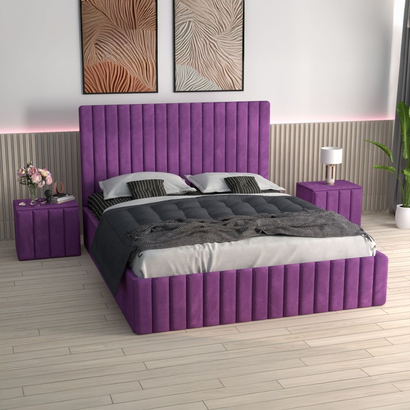 Pat Tapitat Luca Mov + Saltea Lux Ortopedica + Noptiere Tapitate