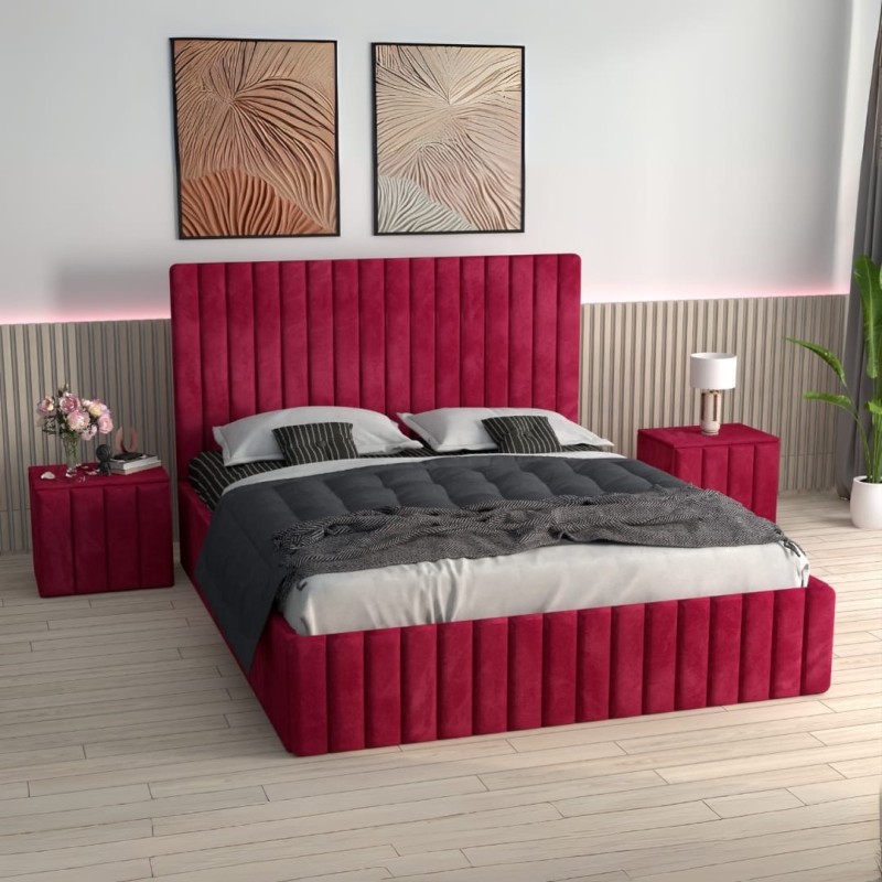 Pat Tapitat Luca Visiniu + Saltea Lux Ortopedica + Noptiere Tapitate