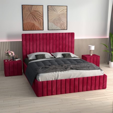 Pat Tapitat Luca Visiniu + Saltea Lux Ortopedica + Noptiere Tapitate