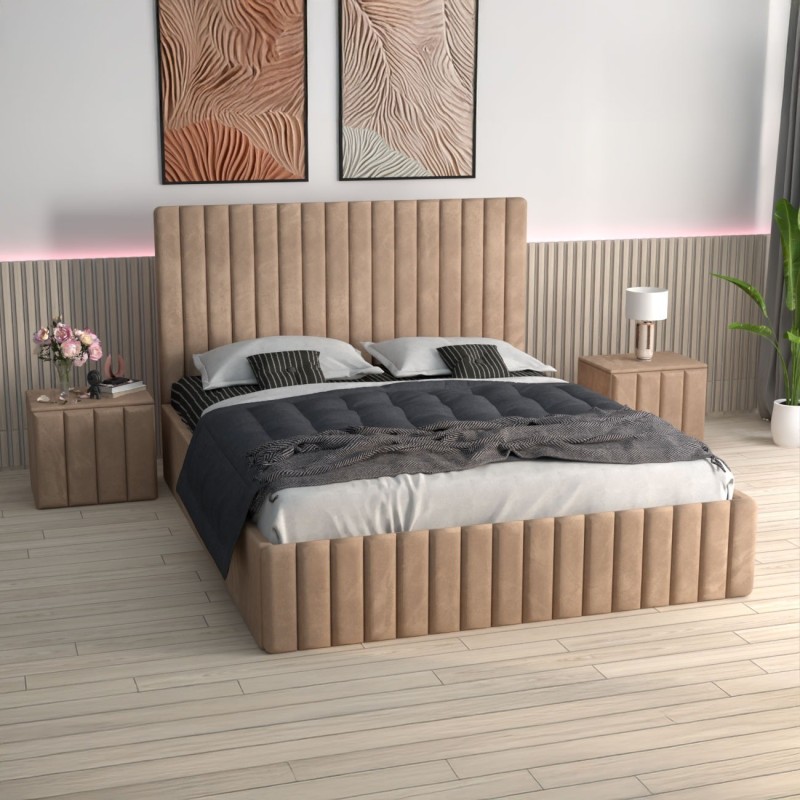 Pat Tapitat Luca Crem + Saltea Lux Ortopedica + Noptiere Tapitate