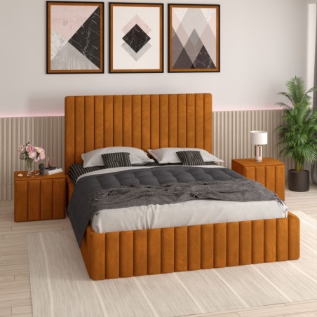 Pat Tapitat Luca Caramiziu + Saltea Lux Ortopedica + Noptiere Tapitate