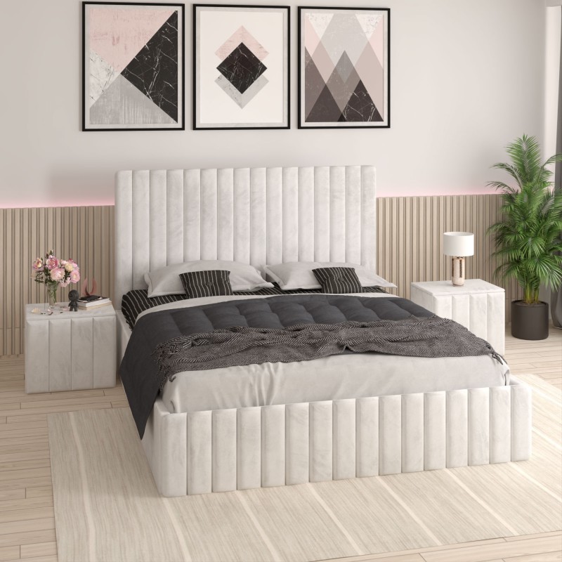 Pat Tapitat Luca Alb+ Saltea Lux Ortopedica + Noptiere Tapitate