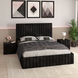 Pat Tapitat Luca Negru + Saltea Lux Ortopedica + Noptiere Tapitate