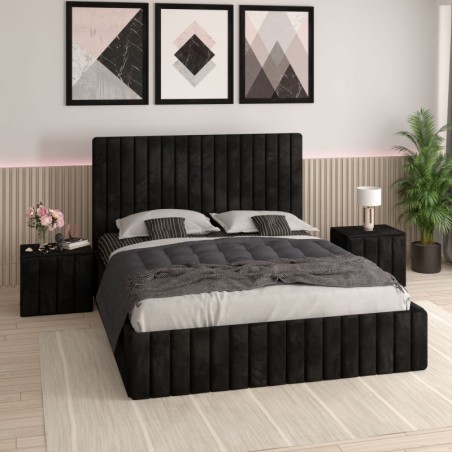 Pat Tapitat Luca Negru + Saltea Lux Ortopedica + Noptiere Tapitate