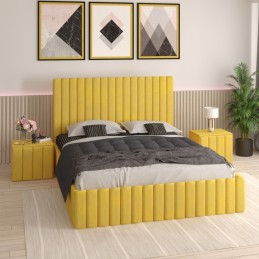 Pat Tapitat Luca Galben + Saltea Lux Ortopedica + Noptiere Tapitate