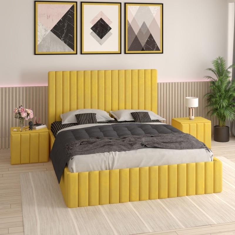 Pat Tapitat Luca Galben + Saltea Lux Ortopedica + Noptiere Tapitate