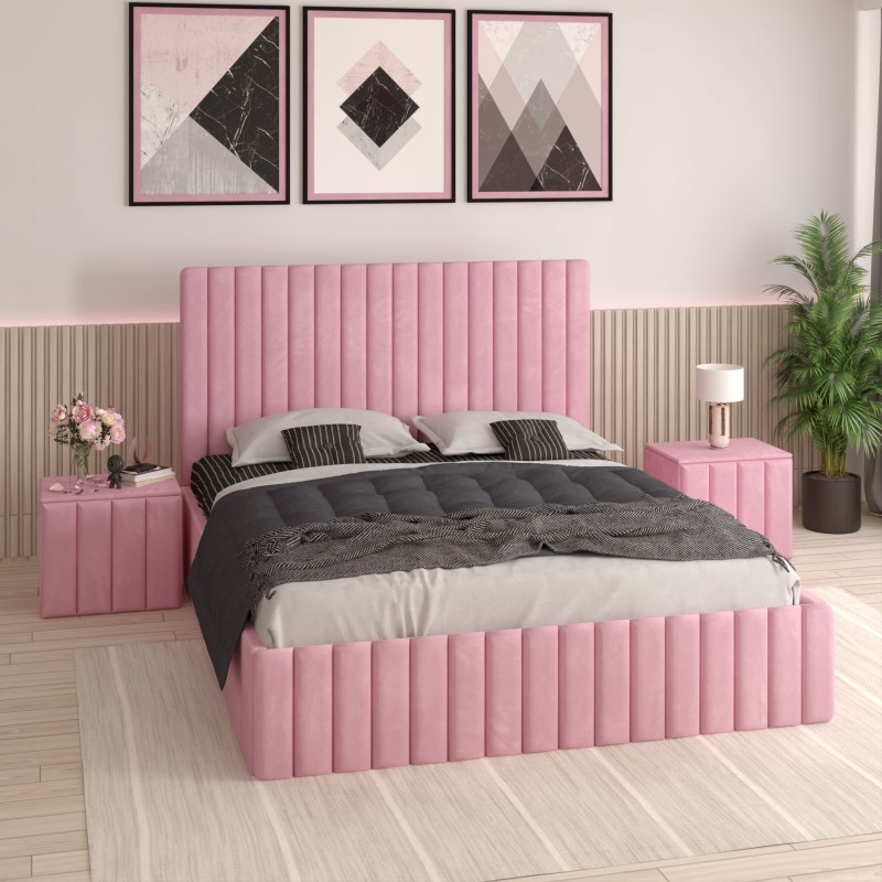 Pat Tapitat Luca Roz + Saltea Lux Ortopedica + Noptiere Tapitate