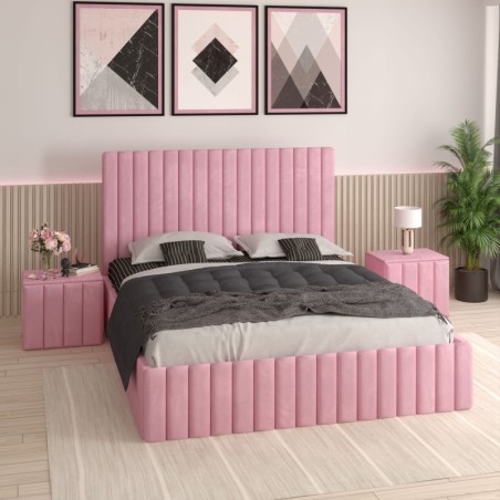 Pat Tapitat Luca Roz + Saltea Lux Ortopedica + Noptiere Tapitate