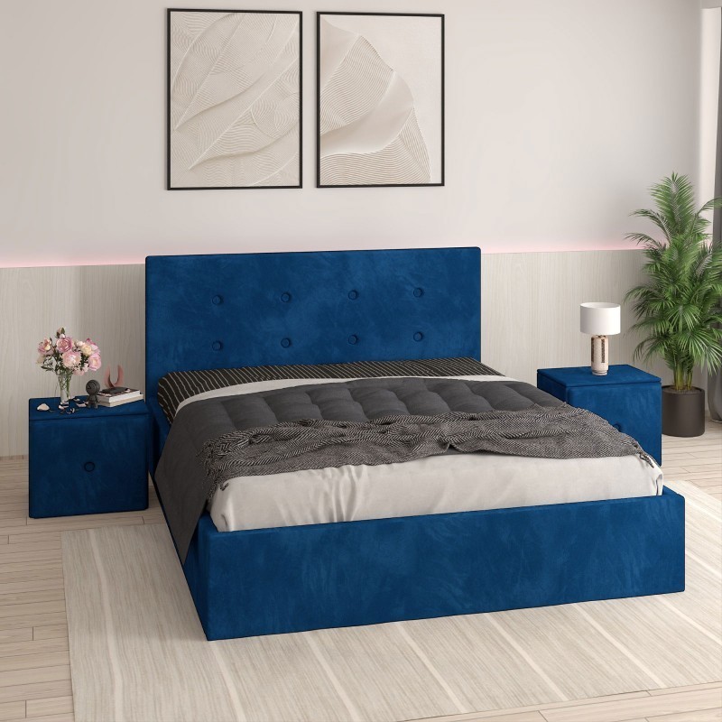 Pat Tapitat Filip Albastru + Saltea Lux Ortopedica + Noptiere Tapitate