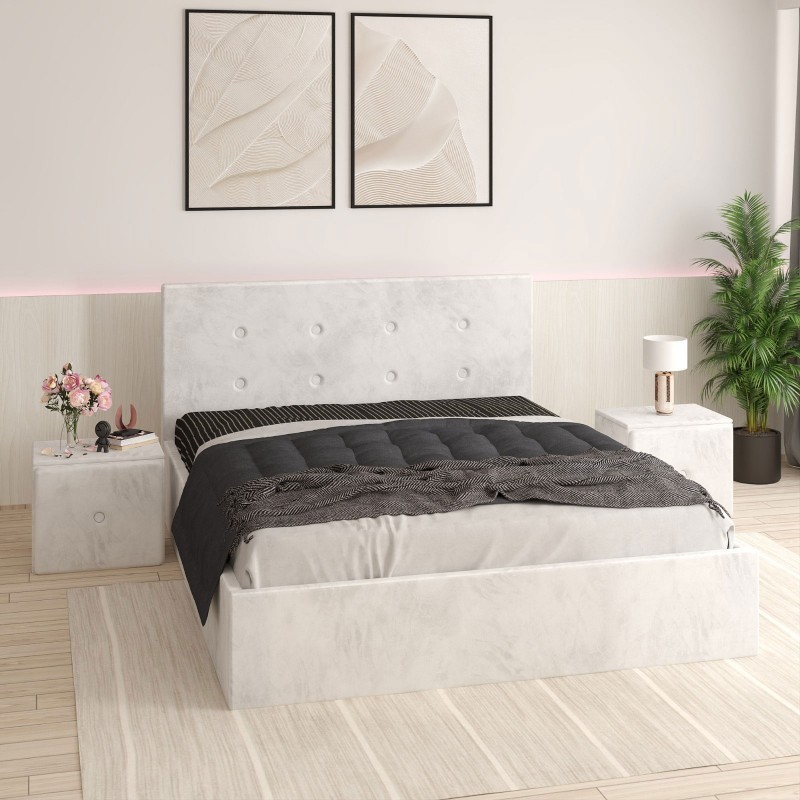 Pat Tapitat Filip Alb + Saltea Lux Ortopedica + Noptiere Tapitate