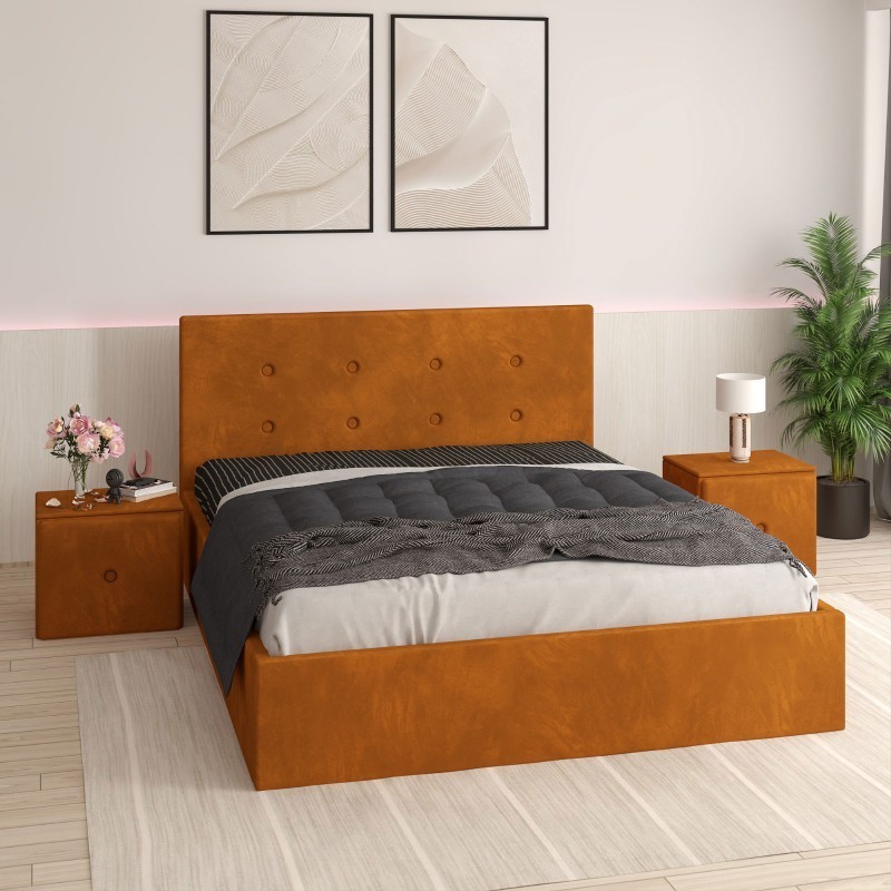 Pat Tapitat Filip Caramiziu + Saltea Lux Ortopedica + Noptiere Tapitate