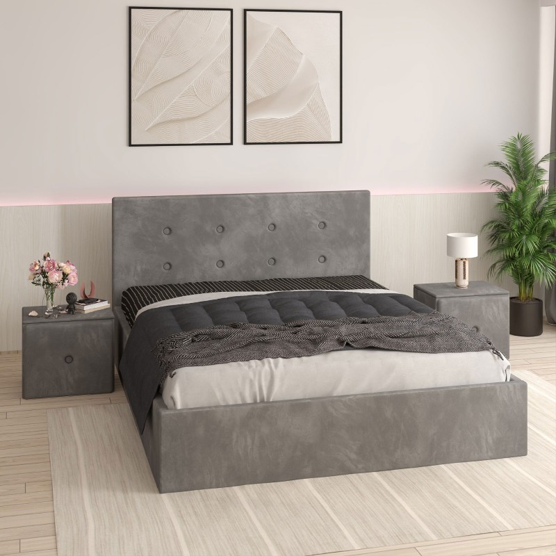 Pat Tapitat Filip Gri + Saltea Lux Ortopedica + Noptiere Tapitate