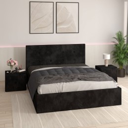 Pat Tapitat Filip Negru + Saltea Lux Ortopedica + Noptiere Tapitate