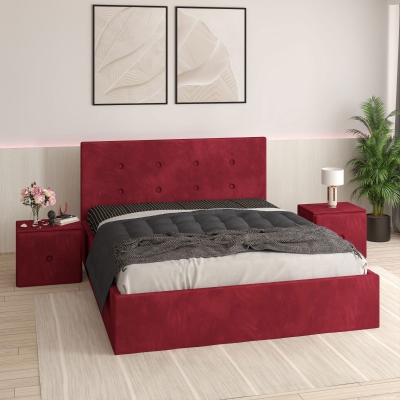 Pat Tapitat Filip Visiniu + Saltea Lux Ortopedica + Noptiere Tapitate