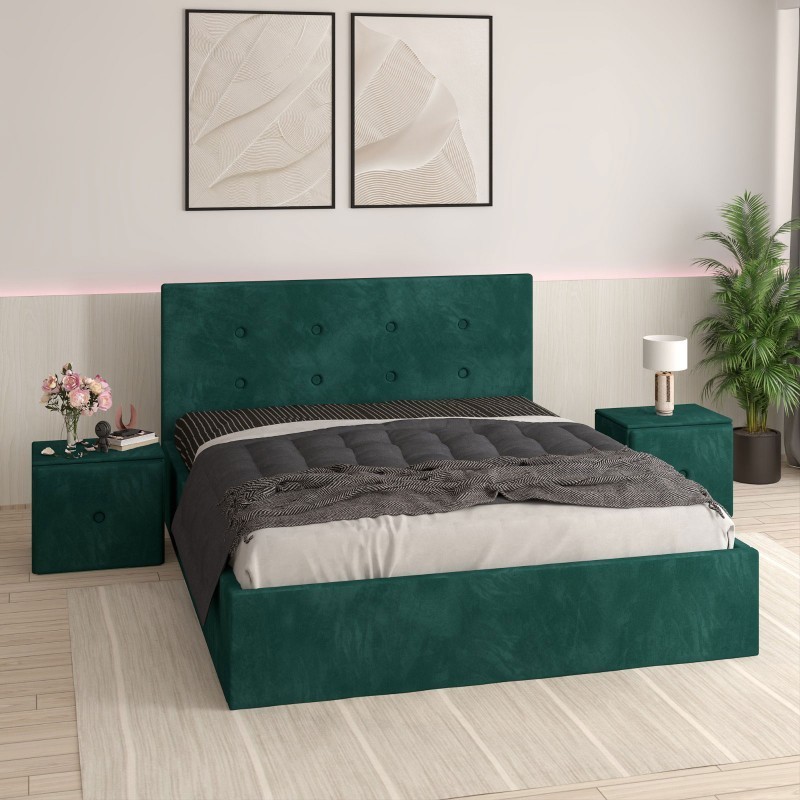 Pat Tapitat Filip Verde + Saltea Lux Ortopedica + Noptiere Tapitate