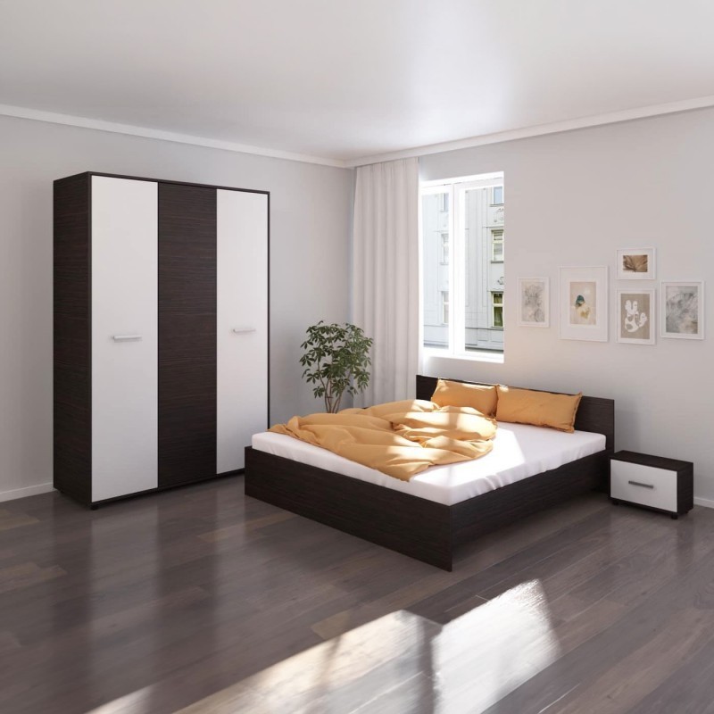 Dormitor Hera, 4 Piese, Pat , 2Noptiere, Dulap, Culoare Wenge/Alb