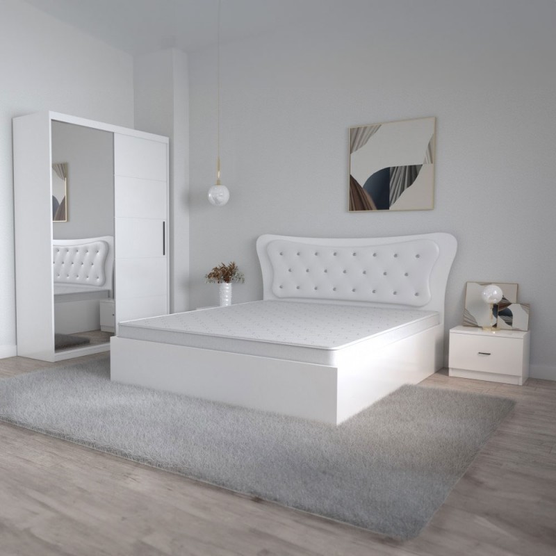 Dormitor Dante, 4 Piese, Pat 160 X 200, 2Noptiere, Dulap usi glisante cu oglinda, Culoare Alb