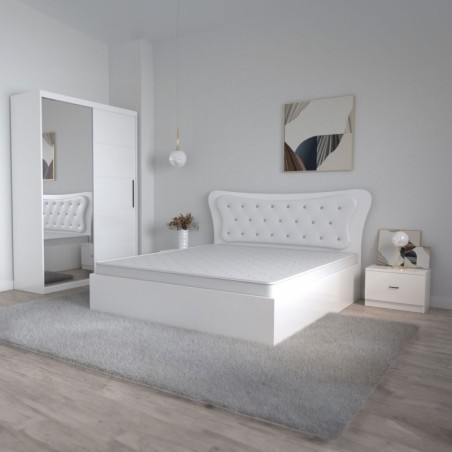 Dormitor Dante, 4 Piese, Pat 160 X 200, 2Noptiere, Dulap usi glisante cu oglinda, Culoare Alb