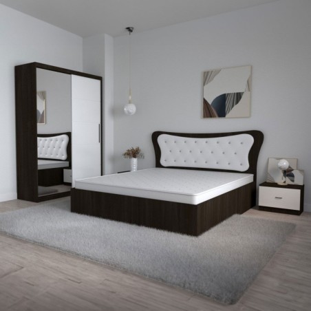 Dormitor Dante, 4 Piese, Pat 160 X 200, 2Noptiere, Dulap usi glisante cu oglinda, Culoare Wenge/Alb