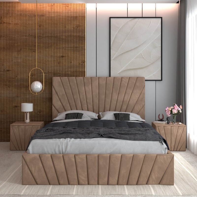 Pat Tapitat Toma Crem + Saltea Lux Ortopedica + Noptiere Tapitate