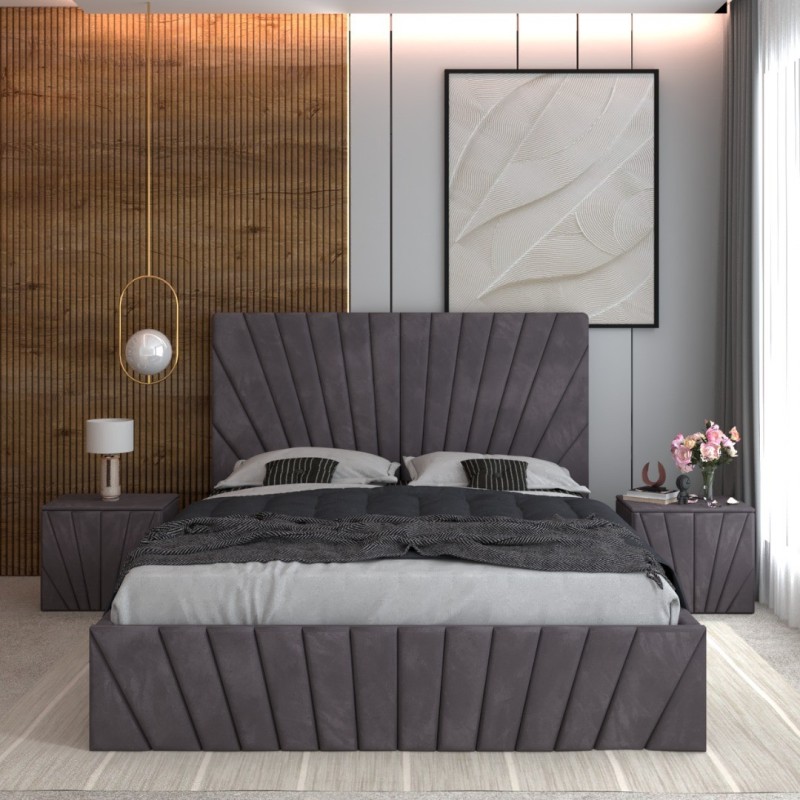 Pat Tapitat Toma Gri + Saltea Lux Ortopedica + Noptiere Tapitate