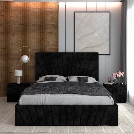 Pat Tapitat Toma Negru + Saltea Lux Ortopedica + Noptiere Tapitate