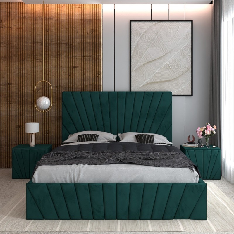 Pat Tapitat Toma Verde + Saltea Lux Ortopedica + Noptiere Tapitate