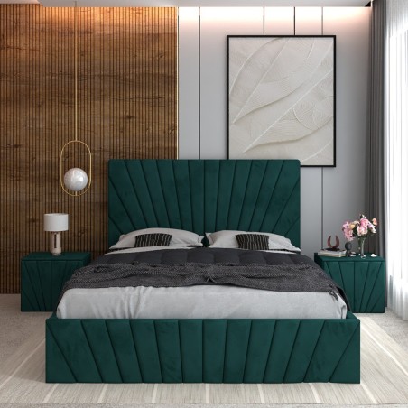 Pat Tapitat Toma Verde + Saltea Lux Ortopedica + Noptiere Tapitate