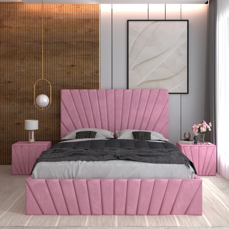 Pat Tapitat Toma Roz + Saltea Lux Ortopedica + Noptiere Tapitate