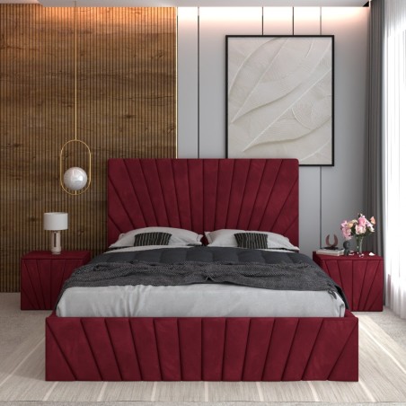 Pat Tapitat Toma Visiniu + Saltea Lux Ortopedica + Noptiere Tapitate