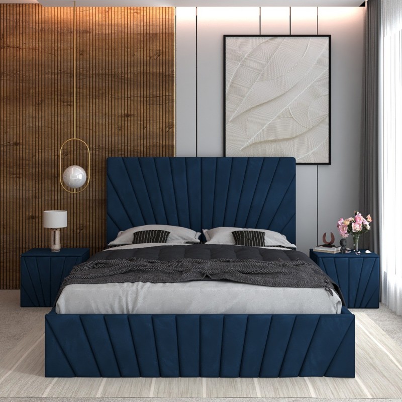 Pat Tapitat Toma Albastru + Saltea Lux Ortopedica + Noptiere Tapitate