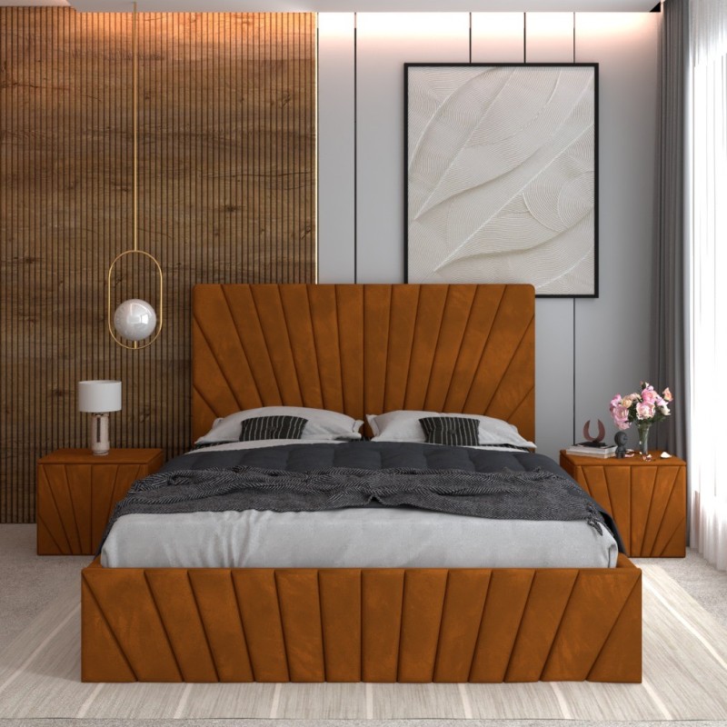 Pat Tapitat Toma Caramiziu + Saltea Lux Ortopedica + Noptiere Tapitate