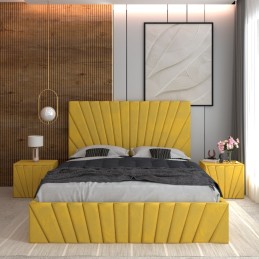 Pat Tapitat Toma Galben + Saltea Lux Ortopedica + Noptiere Tapitate