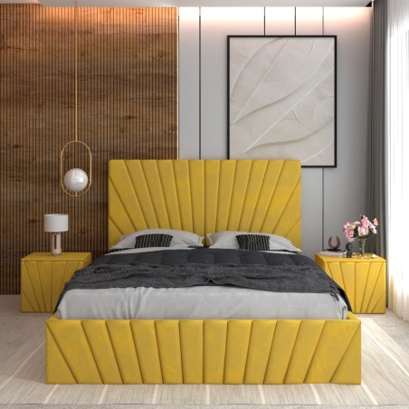 Pat Tapitat Toma Galben + Saltea Lux Ortopedica + Noptiere Tapitate