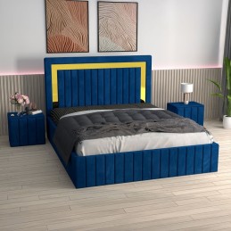 Pat Tapitat Ianis Albastru + Saltea Lux Ortopedica + Noptiere Tapitate