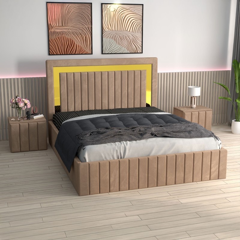 Pat Tapitat Ianis Crem + Saltea Lux Ortopedica + Noptiere Tapitate