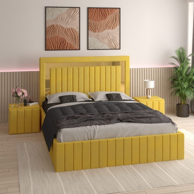 Pat Tapitat Ianis Galben + Saltea Lux Ortopedica + Noptiere Tapitate