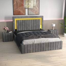 Pat Tapitat Ianis Gri + Saltea Lux Ortopedica + Noptiere Tapitate