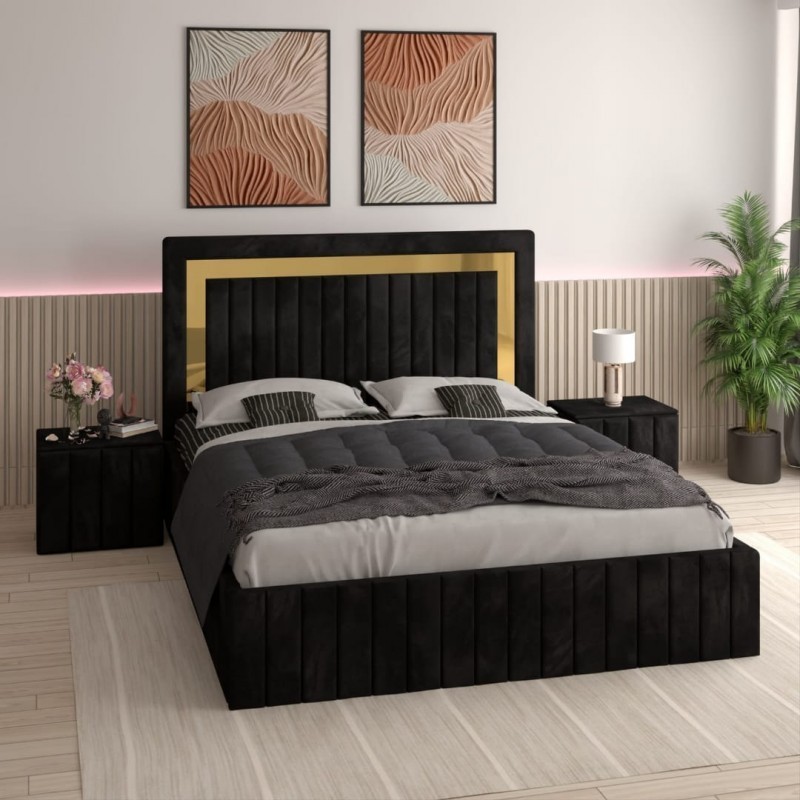 Pat Tapitat Ianis Negru  + Saltea Lux Ortopedica + Noptiere Tapitate