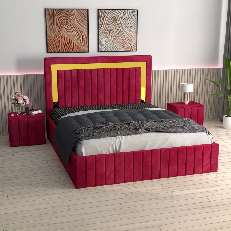 Pat Tapitat Ianis Rosu + Saltea Lux Ortopedica + Noptiere Tapitate