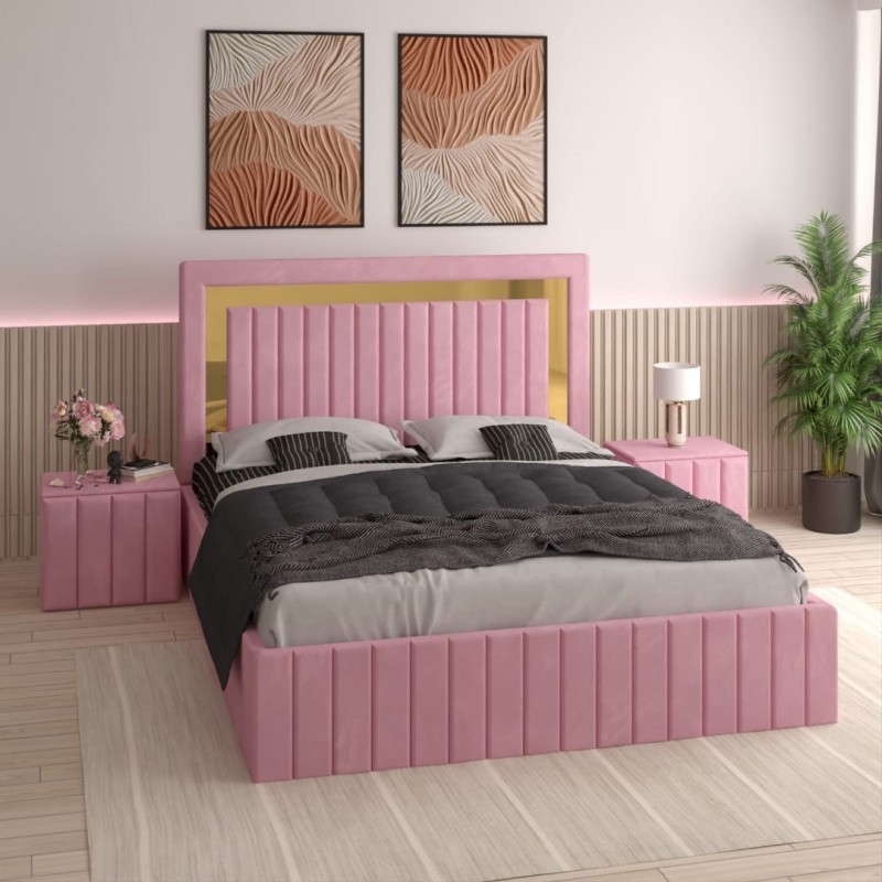 Pat Tapitat Ianis Roz + Saltea Lux Ortopedica + Noptiere Tapitate