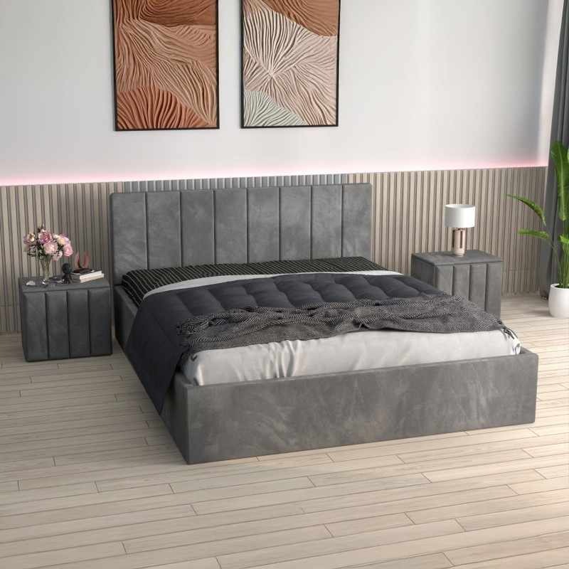 Pat Tapitat Sorin Gri + Saltea Lux Ortopedica + Noptiere Tapitate