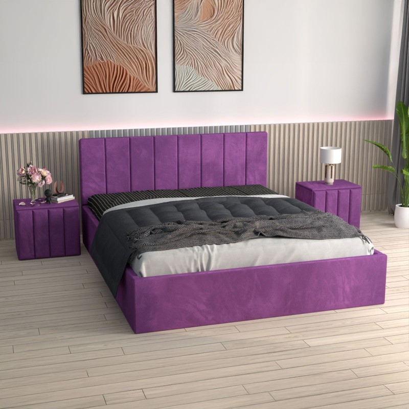 Pat Tapitat Sorin Mov + Saltea Lux Ortopedica + Noptiere Tapitate