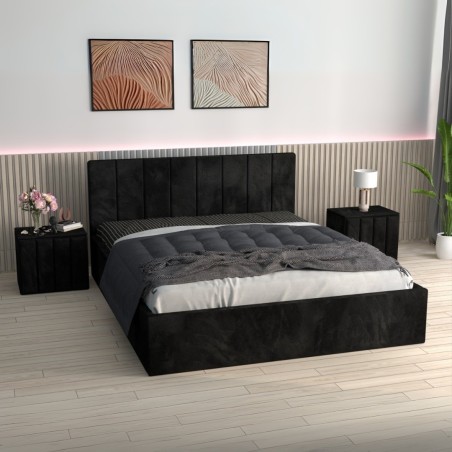 Pat Tapitat Sorin Negru + Saltea Lux Ortopedica + Noptiere Tapitate