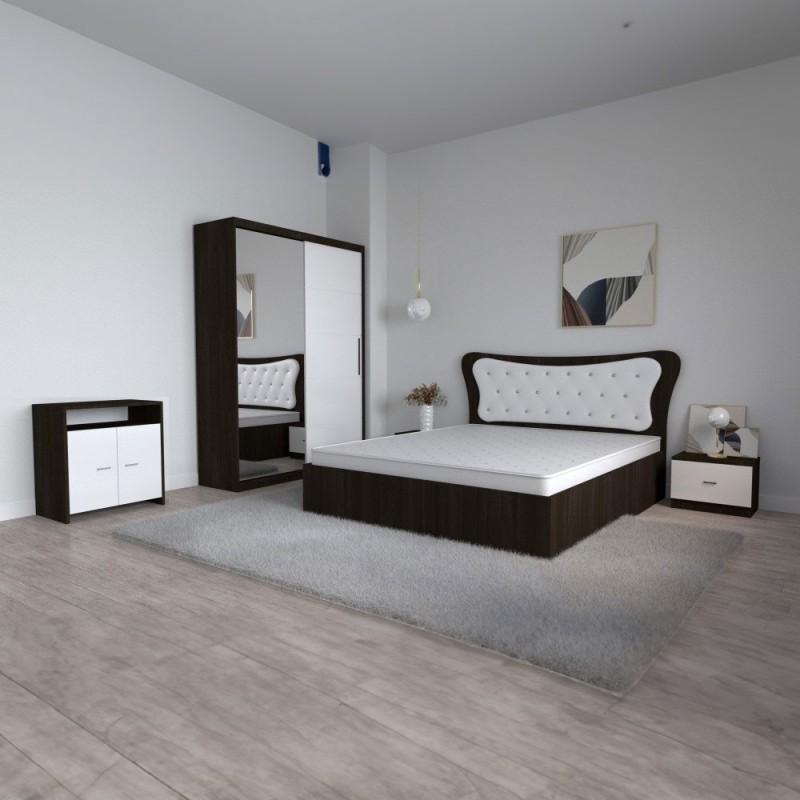 Dormitor Dante, 5 Piese, Pat Dante 160 X 200, 2Noptiere, Dulap cu oglinda, Comoda Mirela, Culoare Wenge/Alb