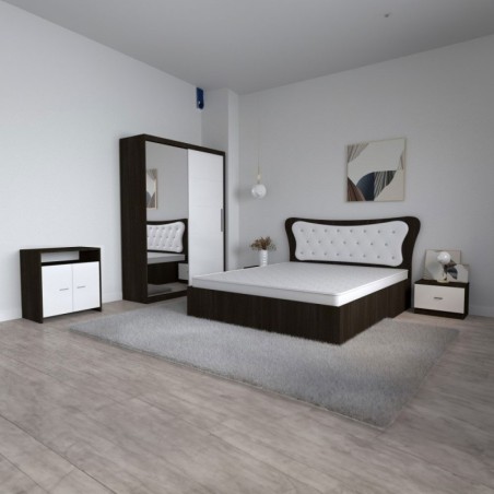 Dormitor Dante, 5 Piese, Pat Dante 160 X 200, 2Noptiere, Dulap cu oglinda, Comoda Mirela, Culoare Wenge/Alb